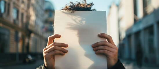 A man is holding a white piece of paper in front of his face