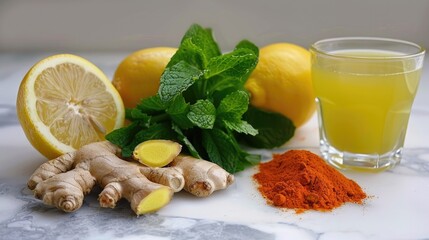 Ingredients in an energy drink with ginger lemon mint and turmeric for health benefits