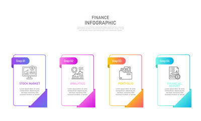 Financial data presentation process with square design with icons and 4 options. Can be used for processes, presentations, layouts, banners, data graphs.