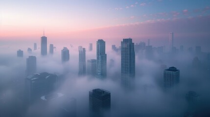 Fototapeta premium A city skyline during a foggy morning, with mist enveloping the skyscrapers and creating a mysterious urban atmosphere.
