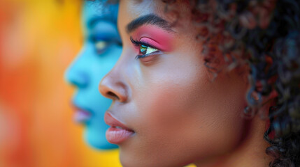 Obraz premium Two women stand together, one intensely gazing into the distance with dark eyes, against a vibrant orange and blue background