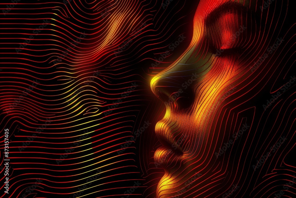 Poster abstract illustration of a face with flowing lines, symbolizing complexity and depth with rich, eart