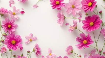 Fototapeta premium Pink cosmos flowers arranged beautifully on white background viewed from above with empty space around