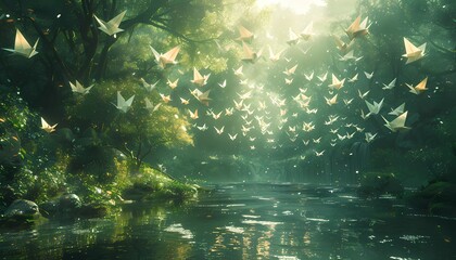 Fototapeta premium Workflow Wonderland, Envision a whimsical wonderland where paper airplanes of tasks and ideas float effortlessly through an enchanted forest of algorithms and automations, 