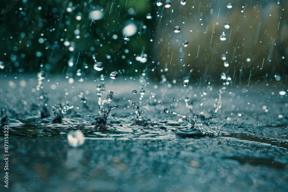 Poster Close-up of raindrops splashing on the wet ground during a heavy downpour, capturing the essence of intense rainfall and the dynamic interaction between water and surface.