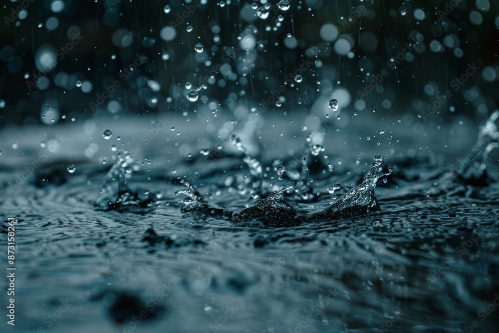 Poster Close-up of raindrops splashing on a wet surface with droplets visible, captured in low light, highlighting the dynamics and texture of the drop impacts.
