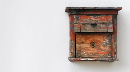 Vintage Wooden Post Box on White Background with Copy Space
