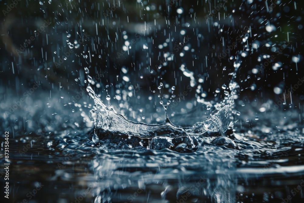Poster A dynamic close-up capture of water droplets splashing as they hit the ground during heavy rainfall, creating ripples and motion in the water on a gloomy day.