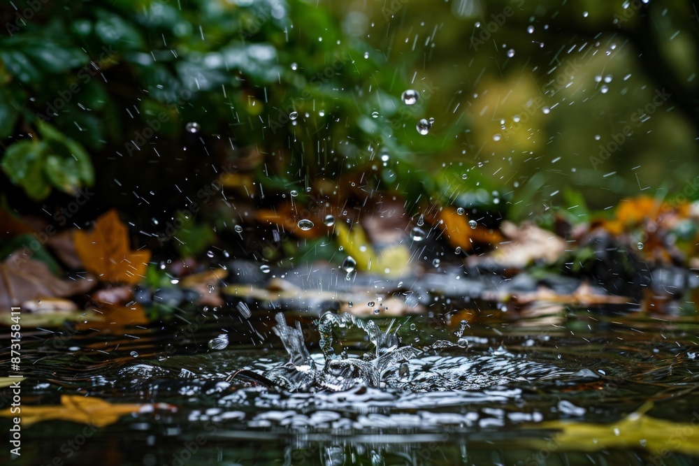 Poster A lively image of water droplets splashing on a surface covered with autumn leaves, symbolizing the transition between seasons and the inevitable passage of time.