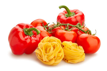 pasta tagliatelle tomato bell pepper path isolated on white