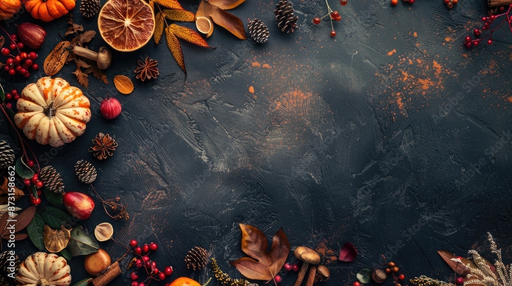 Poster autumn themed arrangement with autumn items top down view with space for text