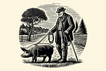 Truffle mushroom. Looking for truffles with a pig. mushroom hunting. A man with a pig on a leash.  Vintage black engraving vector illustration. Hand drawing, outline, line art	
