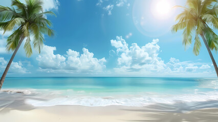 Coconut tree on tropical beach with blue sky and white clouds. Copy space of summer vacation and business travel concept.