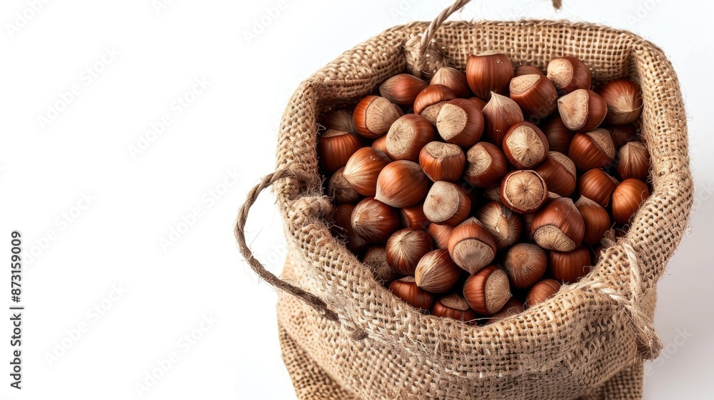 Poster hazelnuts in a sack isolated on white top view with space for text