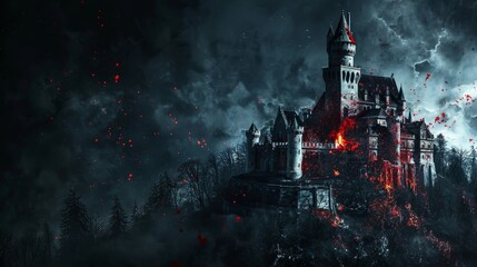 A gothic castle burns under a dark, stormy sky