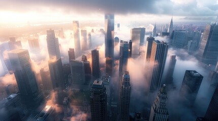 A city skyline during a misty morning, with fog enveloping the skyscrapers and giving the city a mysterious aura.
