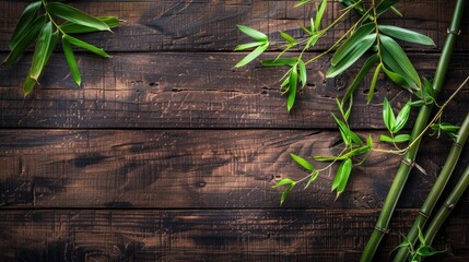 Obraz premium Zen concept with green bamboo on aged wooden backdrop
