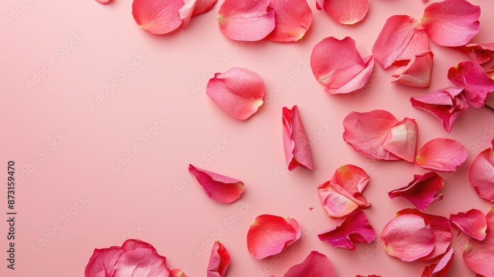 Poster rose petals on pink background space for text minimalistic spring design suitable for various occasi