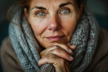 A close-up portrait of a woman with blue eyes, resting her chin on folded hands, wearing a scarf and showcasing a warm and inviting smile in a cozy indoor setting.