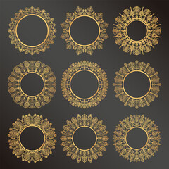 Set of nine round luxury gold frames on a black background. Floral motifs in the design of cards, covers, mirrors 