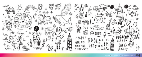 Collection of hand drawn cute doodles,Doodle children drawing,Sketch set of drawings in child style,Funny Doodle Hand Drawn,Page for coloring, cute animal hand drawn, cute Doodle
