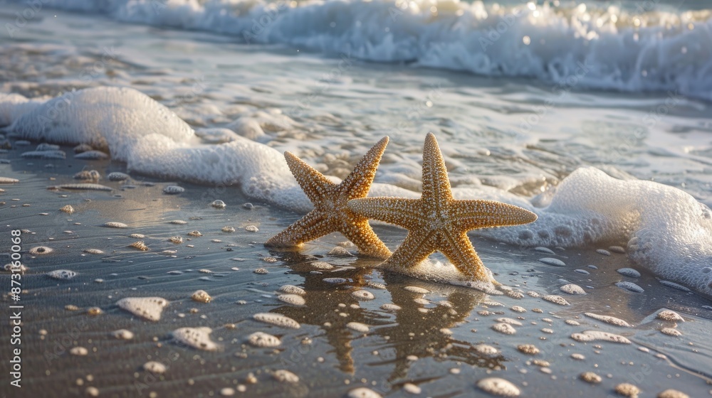 Sticker two starfish on beach with waves