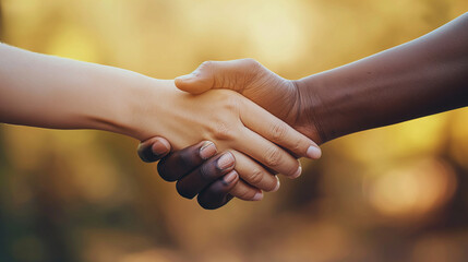 Unity Through Handshake: Light and Dark-Skinned Hands in Firm, Friendly Gesture with Warm Background and Bokeh Effects
