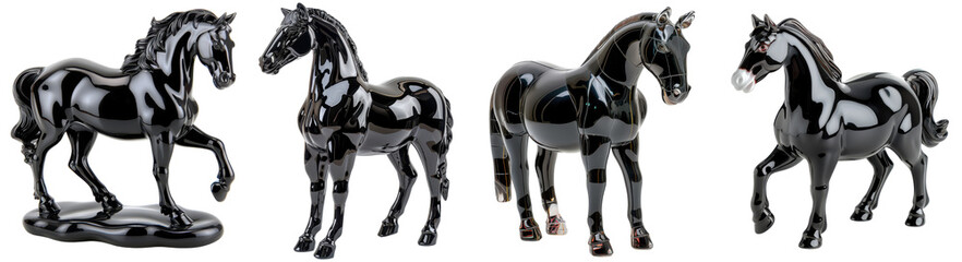 Four horses are shown in a row, all of them black on a transparent background.
