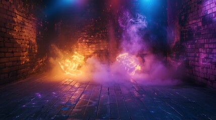 Dark basement room with an empty old brick wall, orange sparks of fire and light on the walls and wooden floor, smoke swirling in the air, neon blue lamps illuminating the space