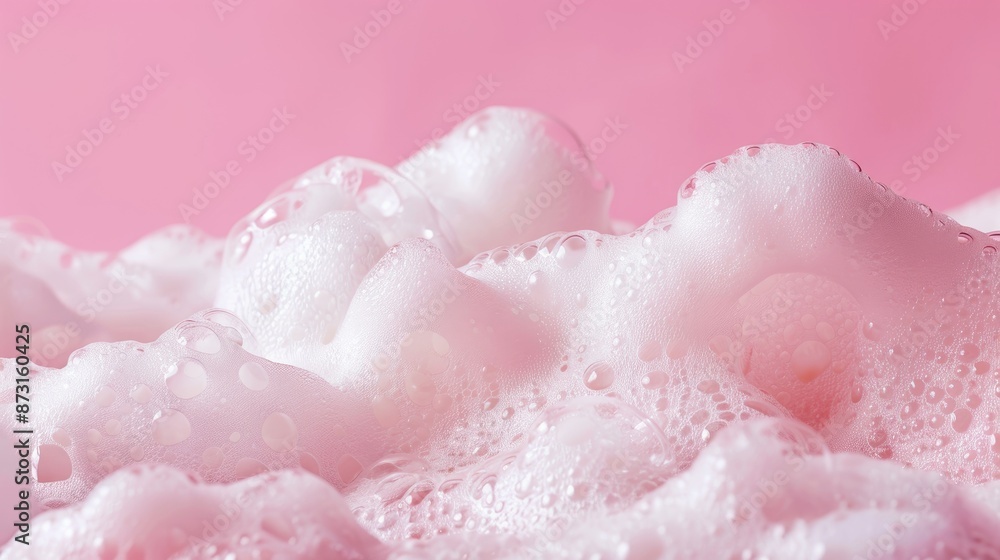 Poster pink background with soap foam and empty space