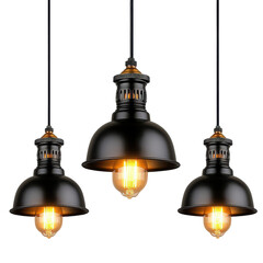 Three black lamps with yellow bulbs hanging from the ceiling on a transparent background.
