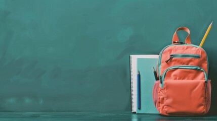 Colorful backpack with school supplies against a green chalkboard background, symbolizing education, back to school, and student life.