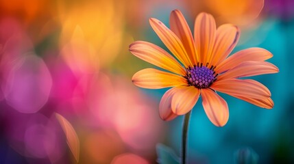 Fototapeta premium Close-up of a vibrant flower against a multi-colored backdrop, featuring a softly blurred flower in the foreground, raw texture