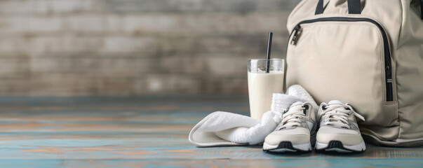Fitness essentials including gym bag, sports shoes, towel and a protein shake placed on wooden floor against brick wall background.