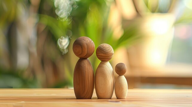 Family depicted in wooden figurine on a table background showing parents nurturing their child symbolizing love and connection