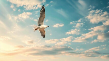 Fototapeta premium A single seagull flies through a sky filled with fluffy clouds