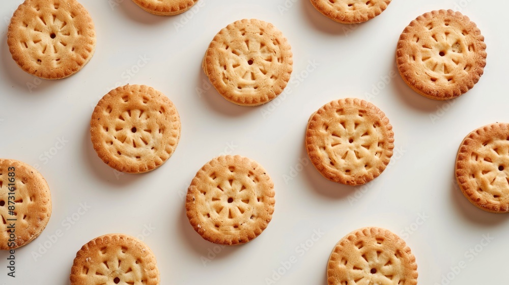 Poster biscuits displayed from above on plain background with space