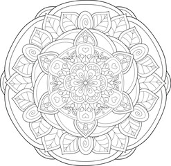 A zen mandala illustration,black and white image for relaxation.