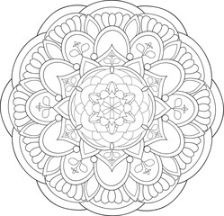 A zen mandala illustration,black and white image for relaxation.