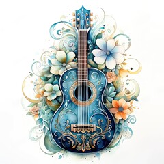 a blue guitar with flowers on it