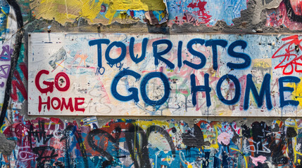 Fototapeta premium Tourists go home graffiti on a wall. Anti tourist message. Generative ai