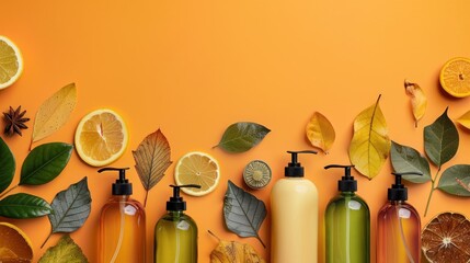 Various soap dispensers with leaves on orange backdrop Blank space for text editable design