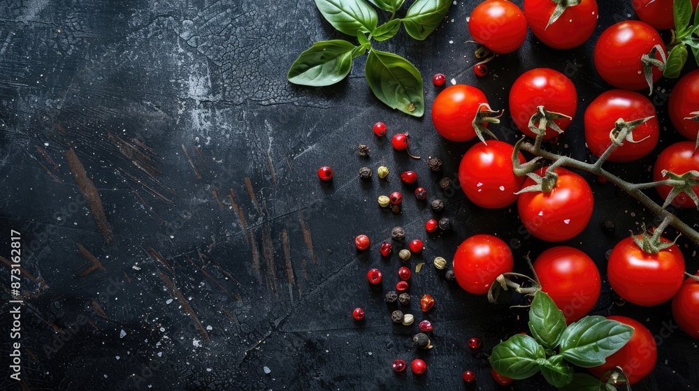 Poster cherry tomatoes and spices on black background with copy space top view