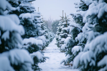 Rows of snow-covered Christmas trees in an orchard are photographed from the perspective of someone standing between them, with the trees of different shapes