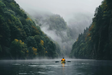 A man in a yellow jacket kayaks down the middle of steep mountains, with dark green trees and misty river water.