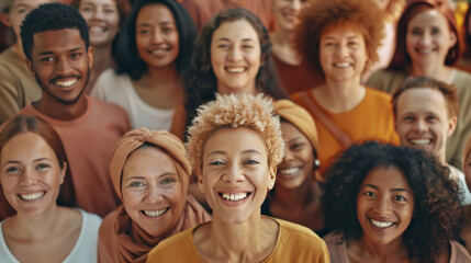 Obraz premium A large group of smiling people from various age groups and ethnicities are all looking at the camera with warm smiles on their faces, standing in an open space.
