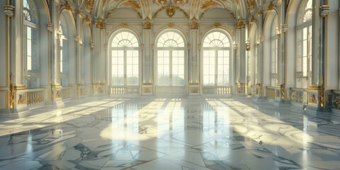 Fototapeta premium A large, empty room with white marble floors and gold accents, featuring designs and decorations, with the smooth and shiny floor reflecting the light from the windows.