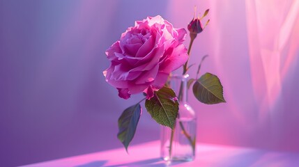 Obraz premium Delicate pink rose in a glass vase, purple-pink gradient backdrop, raw and natural look