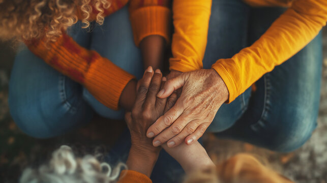 Above view close up of diverse ethnicity, women's hands, holding each other's hands, emotional support, copy space