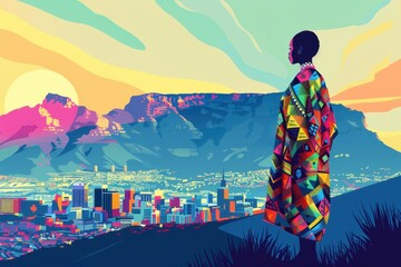Fototapeta premium Colorful Minimalist Illustration of Table Mountain Overlooking Cape Town